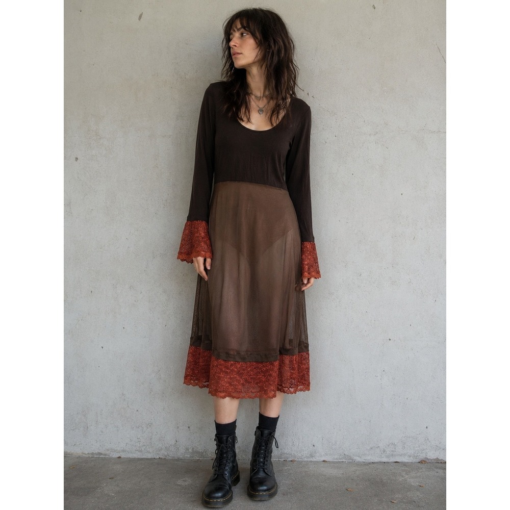 Save the Queen Midi Dress M Sheer Mesh Lace Whimsigoth Italy Made Y2K Goth Hippy